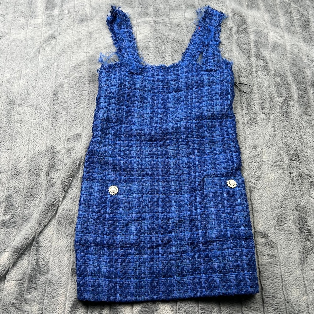 Zara Blue Tweed Pinafore Mini Dress Frayed Pearl Button 8890/699 Size S NEW